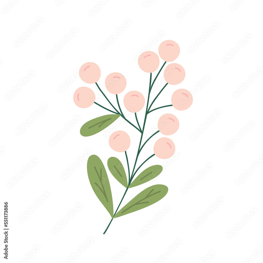 Christmas plant, decorative branche with leaves, pink berries for home decor, festive holiday arrangement, vector illustration for seasonal greeting card, invitation, banner