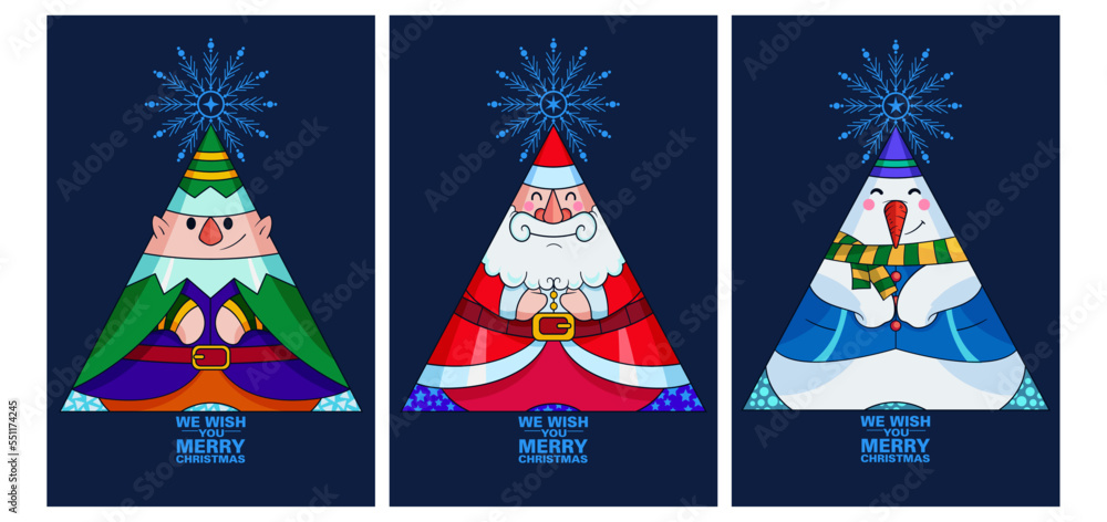 Merry Christmas cards with classic characters such as Santa Claus, snowman and elf. Can be used for illustrated gift cards