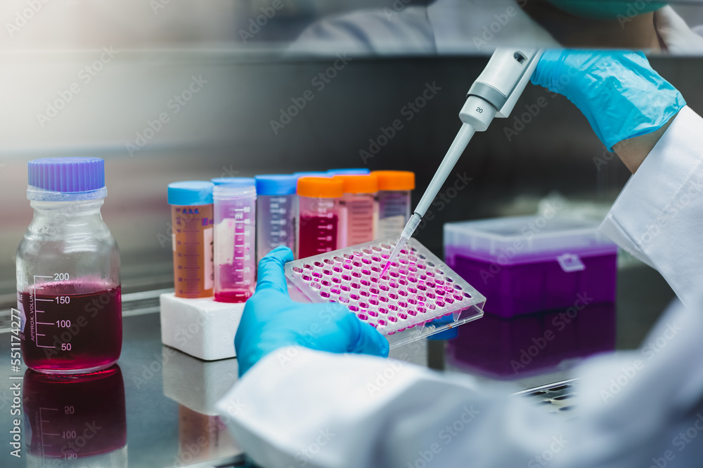 Closeup shot, Scientist use micropipette with sample preparation in the