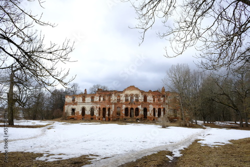 Ruins in the Palace and Park Ensemble. The ruins of the palace and houses made of high-quality, durable bricks. Destroyed during the war. Gostilitsy village, Lomonosovsky district, Leningrad region. R © Viktor