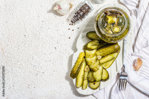 Pickled cucumbers for winter organic food. Jar of homemade gherkins, clean eating, vegan concept