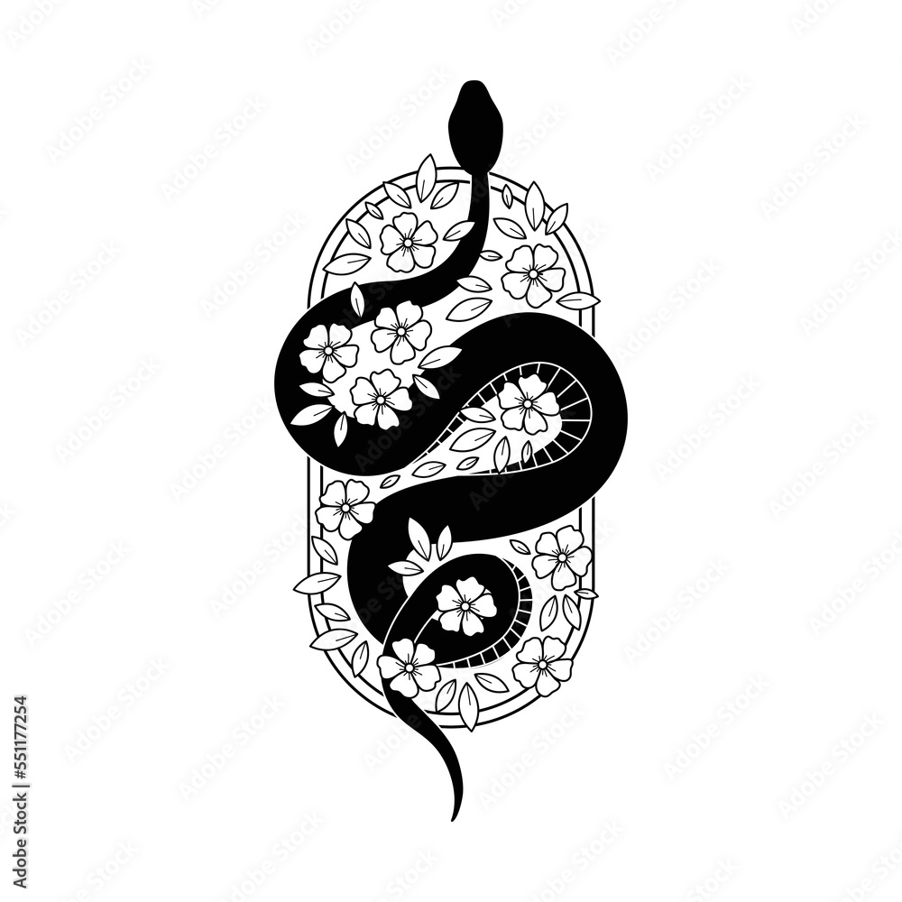 Fototapeta premium Floral snake. Black serpent in frame with flowers. Mystic animal tattoo. Spiritual vector illustration. Line art florals