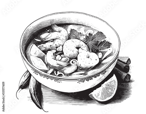 Tom yum soup hand drawn engraving sketch Restaurant business concept Vector illustration