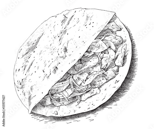 Tortilla delicious latin american food hand drawn engraving sketch Restaurant business concept Vector illustration