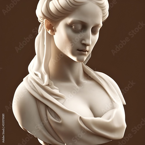 3D illustration featuring the white marble bust of a beautiful, elegant noble woman from the renaissance era or medieval middle ages. Statue of a renaissance girl.