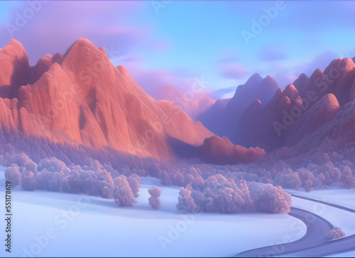 a winding road in a snowy desert with mountains in the background in a modern animated style