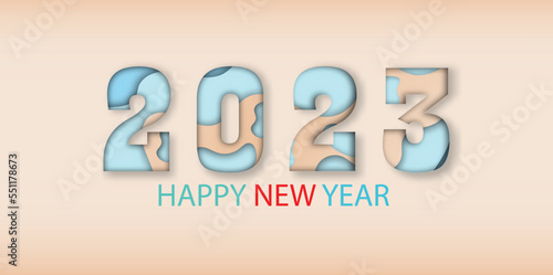 2023 happy new year.Paper cut 2023 word for new year festival.card,happy,Vector concept luxury designs and new year celebration.