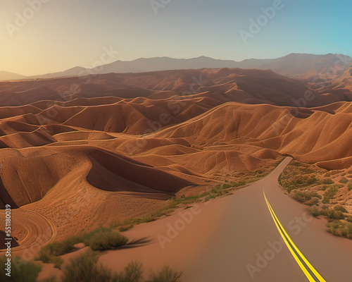 a winding road in the desert with mountains in the background