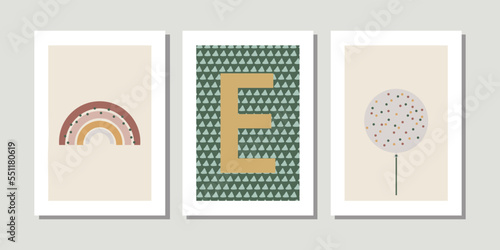 Kids, child art interior home decor. Letter E. 3 pieces frame canvas wall art. Colorful prints with shapes, Rainbow, balloon. Element for design. Three vertical frame posters on floor with white walls