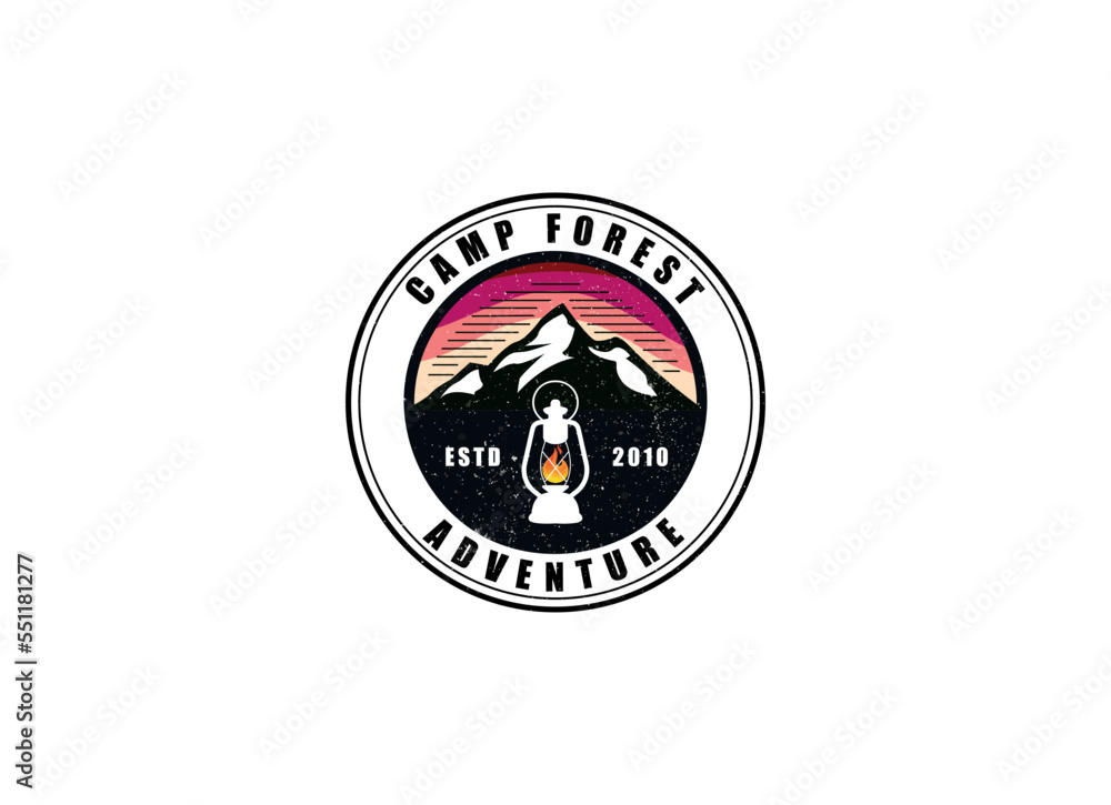 Fototapeta premium Vintage Outdoor Summer Camp Logo Patches on Wood board. Hand drawn and vector emblem designs.