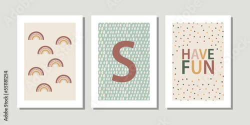 Kids, child art interior home decor. Letter S. 3 pieces frame canvas wall art. Colorful prints with shapes rainbow have fun. Element for design. Three vertical frame posters on floor with white walls