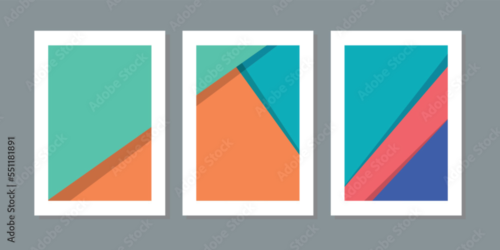 Three of geometric frame wall art set. Minimalist wall decor with blue, orange, red, cream and white color. Decoration, postcard or brochure design. Can use for poster cover social media and wallpaper