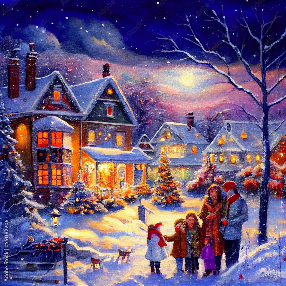 Colorful Christmas family Scene with snow falling and people gathering for the holidays Colorful Christmas family Scene with snow falling and people gathering for the holidays