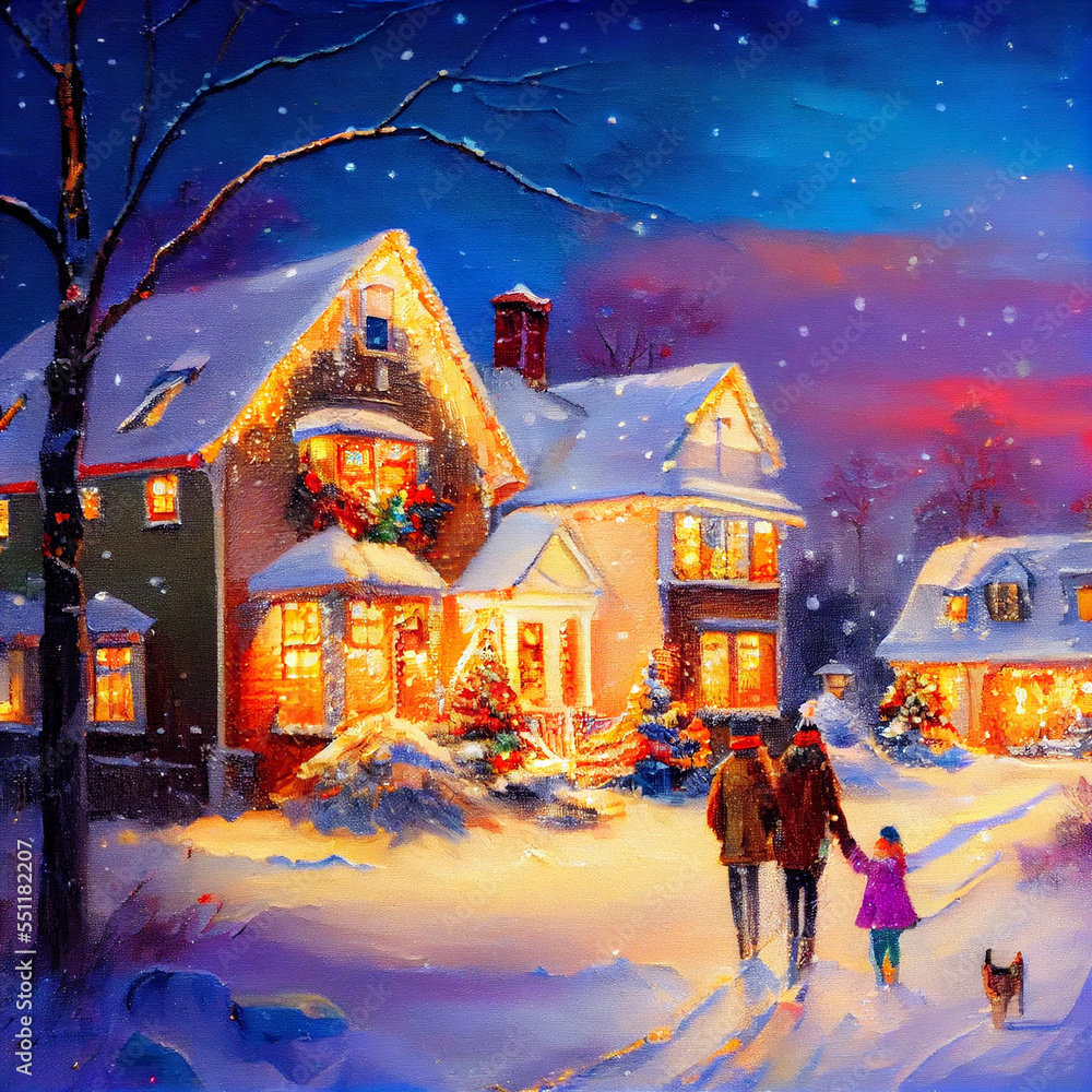 Colorful Christmas family Scene with snow falling and people gathering for the holidays Colorful Christmas family Scene with snow falling and people gathering for the holidays
