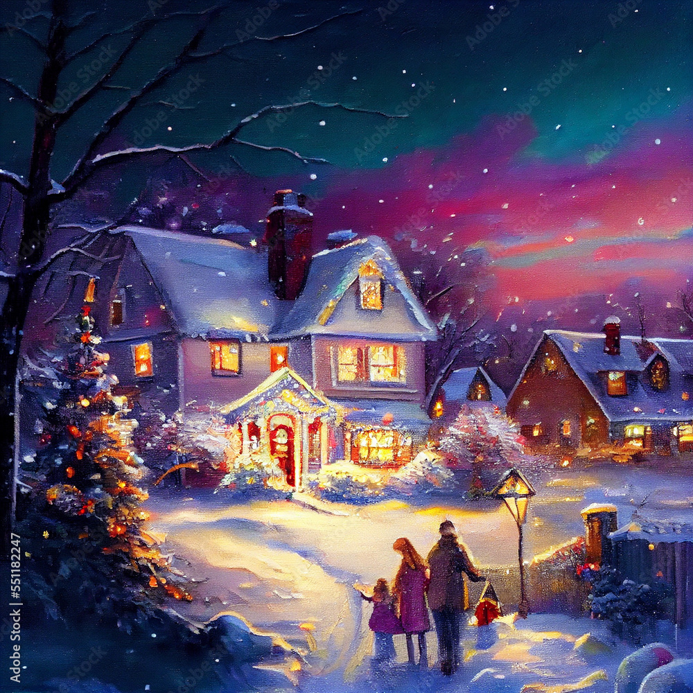 Colorful Christmas family Scene with snow falling and people gathering for the holidays Colorful Christmas family Scene with snow falling and people gathering for the holidays