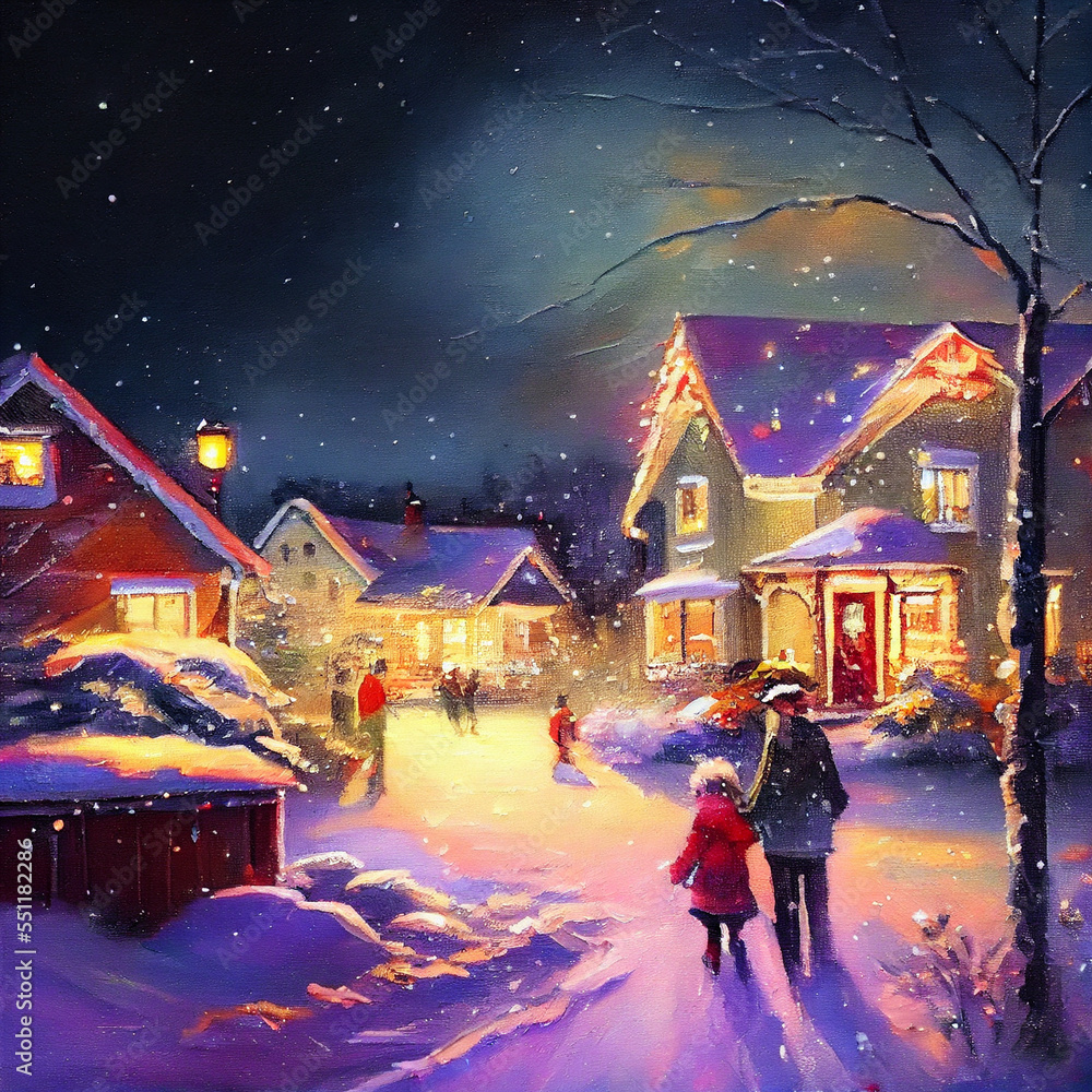 Colorful Christmas family Scene with snow falling and people gathering for the holidays Colorful Christmas family Scene with snow falling and people gathering for the holidays
