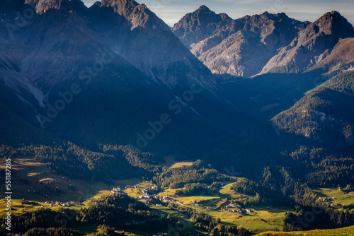 Above idyllic Scuol Tarasp village, Engadine, Swiss Alps, Switzerland