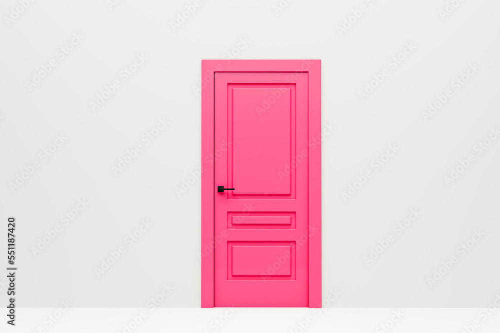 Abstract door viva magenta colored on white wall. 3d rendering