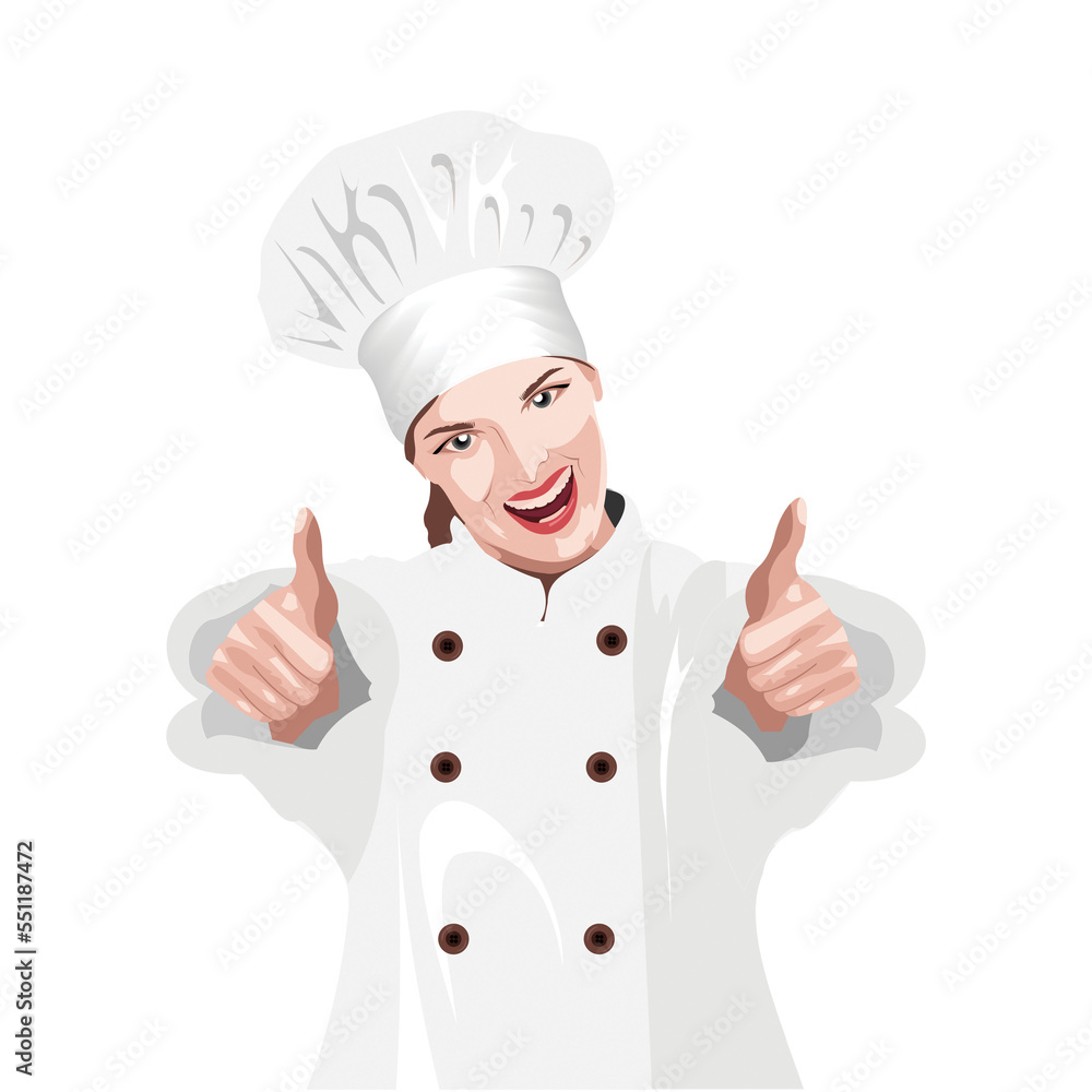 Woman chef wearing a white coat and kitchen hood on her head while smiling Woman chef wearing a white coat and kitchen hood on her head while smiling