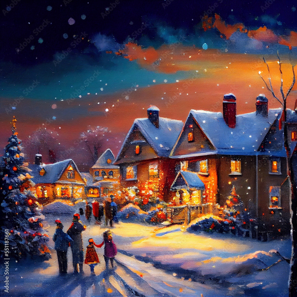 Christmas Family Gathering in an Outdoor Village Christmas Family Gathering in an Outdoor Village