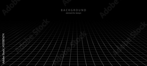 Perspective grid with depth of field effect. Abstract wireframe landscape. Detailed lines on black background. Wide blueprint texture. Vector.