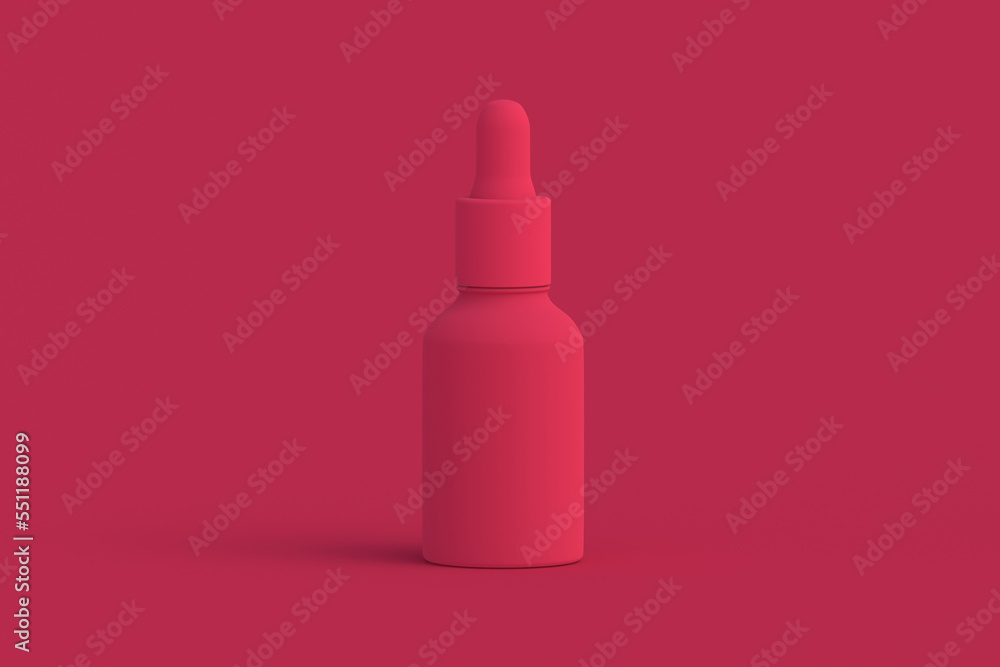 Cosmetic bottle with pipette of magenta on red background. Color of the year 2023. 3d render Cosmetic bottle with pipette of magenta on red background. Color of the year 2023. 3d render
