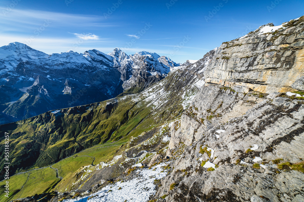 Top of the Schilthorn and view of Bernese Swiss alps, Switzerland