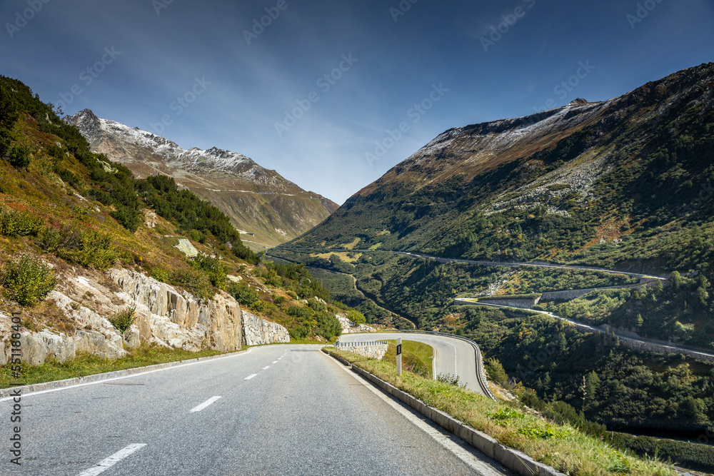 Grimsel and Furka mountain pass, dramatic road with swiss alps, Switzerland