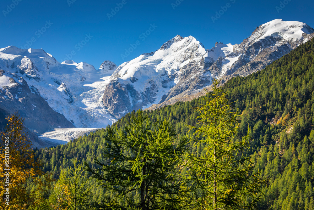 Bernina and Palu mountain range with glaciers in the Alps, Engadine, Switzerland Bernina and Palu mountain range with glaciers in the Alps, Engadine, Switzerland