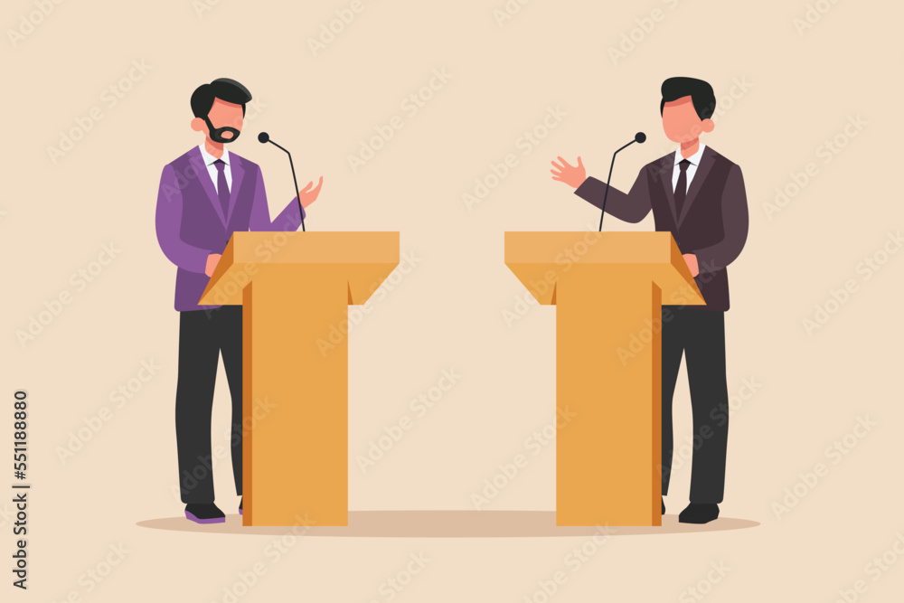 Obraz premium Politicians delivering speech during election period for presidential election. Voting concept. Colored flat graphic vector illustration.