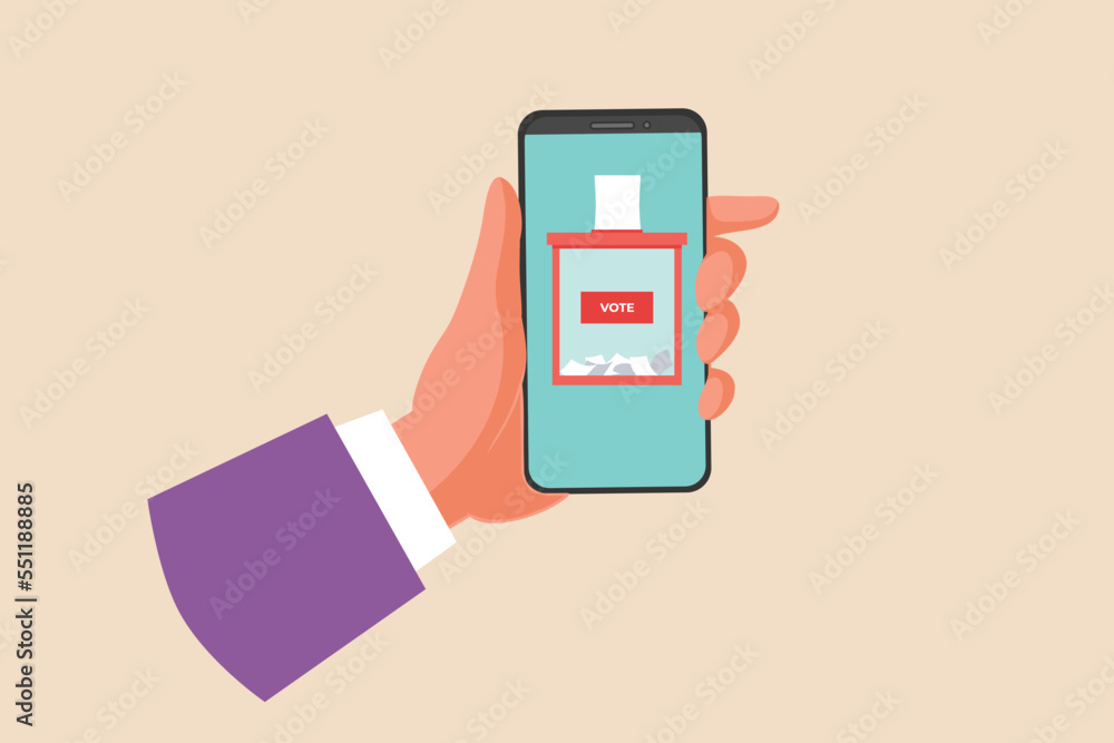 Hand holding smartphone with voting app for general regional or presidential election. Voting concept. Colored flat graphic vector illustration. Hand holding smartphone with voting app for general regional or presidential election. Voting concept. Colored flat graphic vector illustration.