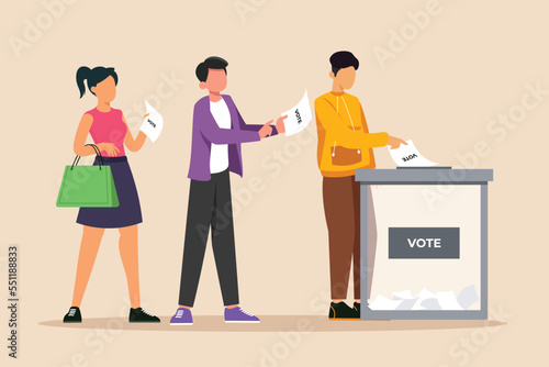 People queue in front of vote table for general regional or presidential election. Voting concept. Colored flat graphic vector illustration. 