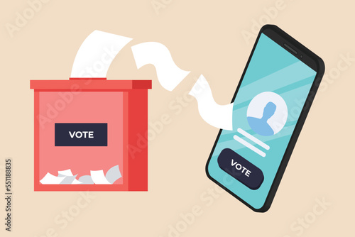 Transfer voting data to smartphone. Voting concept. Colored flat graphic vector illustration. 
