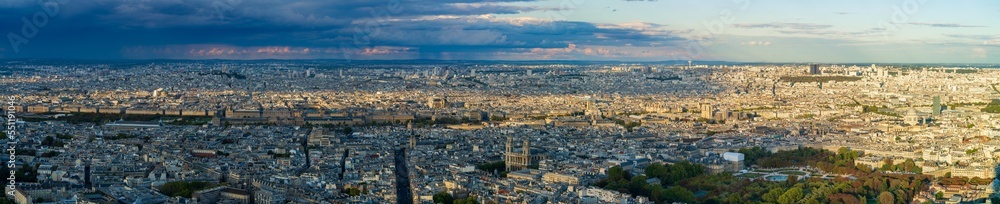 Aerial panorama of Paris architecture overlooking Notre Dame 