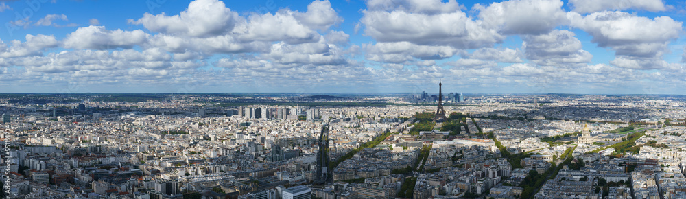 Aerial panoramic view of Paris with Eiffel Tower, France
