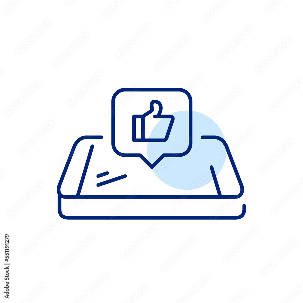 Thumbs-up notification on isometric smartphone. Pixel perfect, editable stroke line icon Thumbs-up notification on isometric smartphone. Pixel perfect, editable stroke line icon