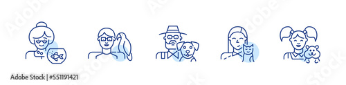 Pet owners of different ages with bird, hamster, fish, cat and dog. Pixel perfect, editable stroke line icon
