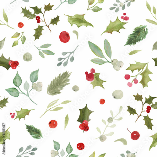 Watercolor floral Christmas seamless pattern with hand drawn watercolor holly branches, leaves and berries illustration. Repeat nature floral background for wrapping, packaging design or print.