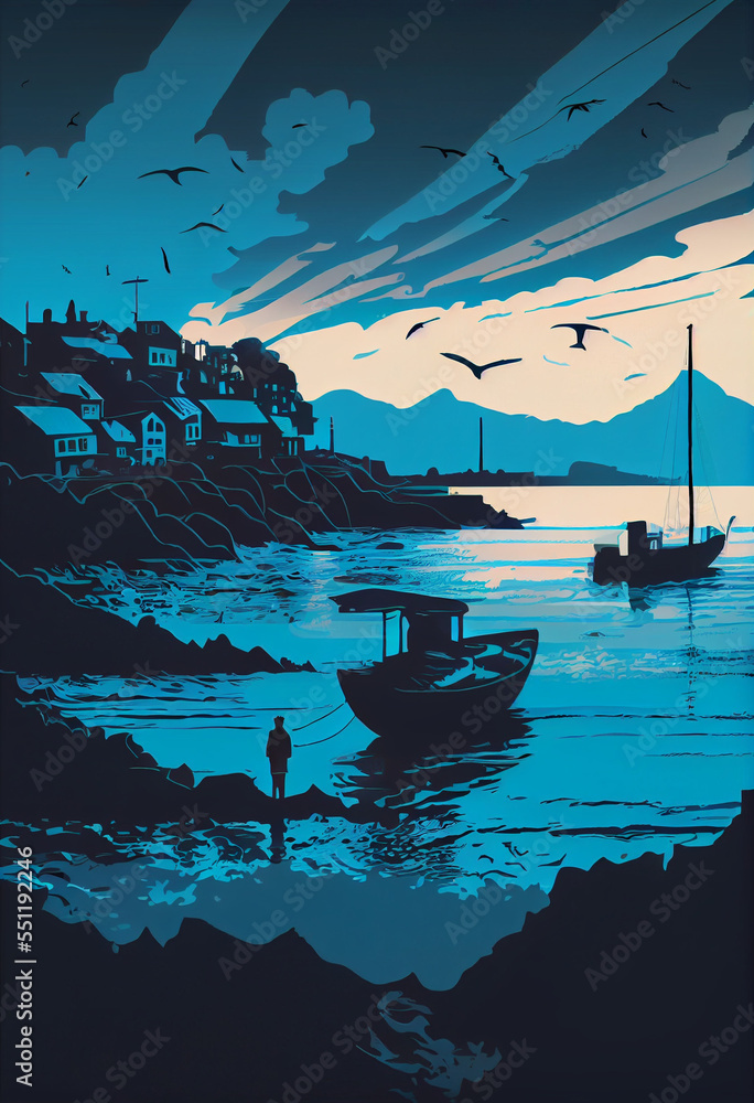 Coastal fishing village seascape art illustration. Silhouette of  seaside village landscape