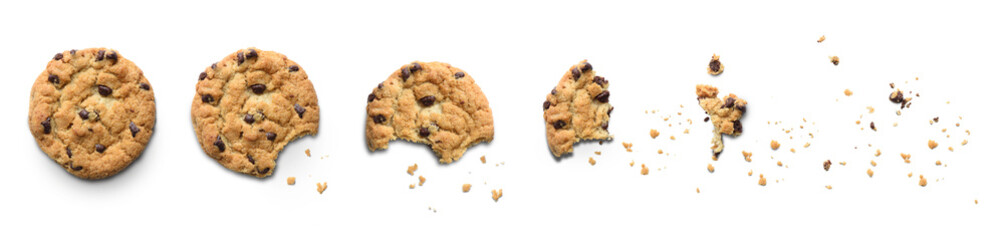 Steps of chocolate chip cookie being devoured