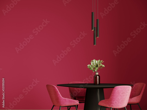 Bright viva magenta 2023 colour dining room. Black round table and colorful carmine red crimson chairs. Empty wall blank for art, frame or decor. Modern interior with accents and lamps. 3d render  photo