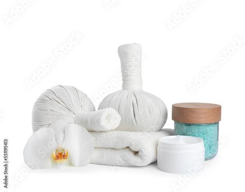 Spa composition with care products on white background