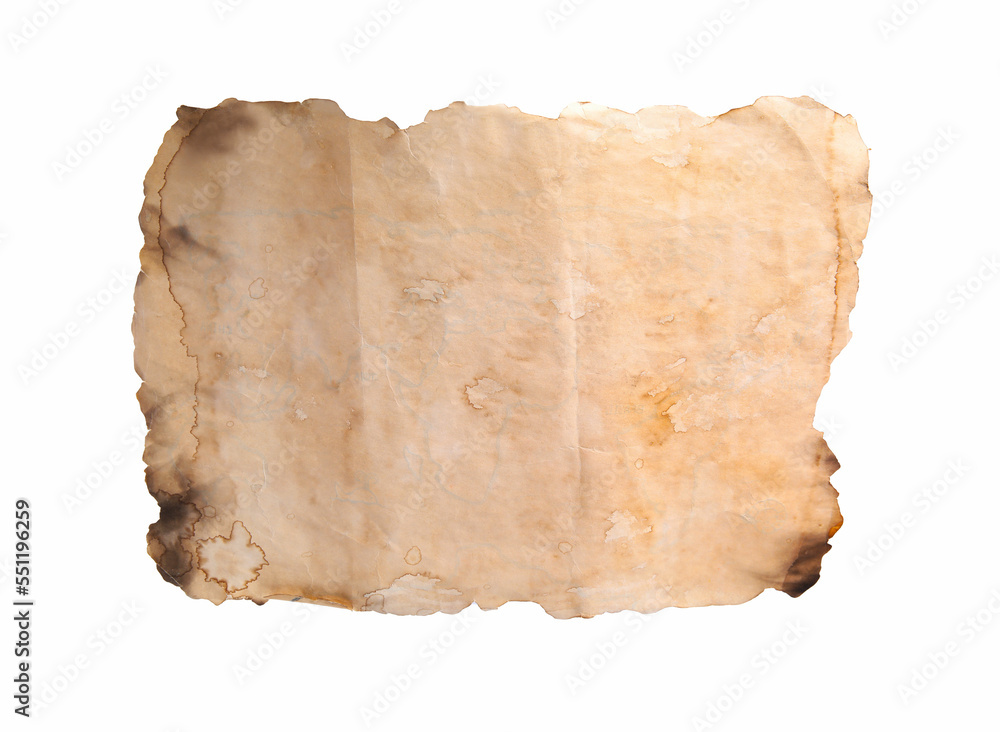 Fototapeta premium Piece of old paper with dark burnt borders isolated on white. Space for text