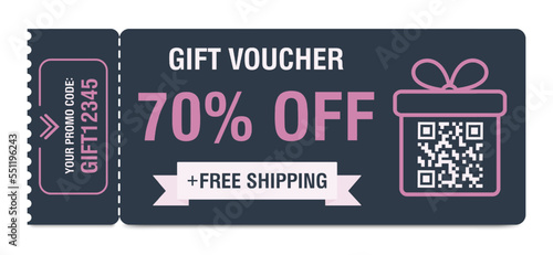 Discount coupon 70 percent off. Gift voucher with percentage marks, qr code and promo codes for website, internet ads, social media. Vector illustration