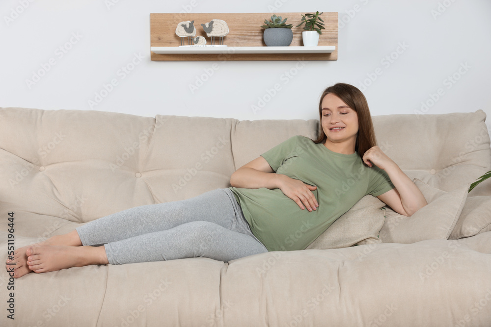 Happy pregnant woman lying on beige sofa indoors Happy pregnant woman lying on beige sofa indoors