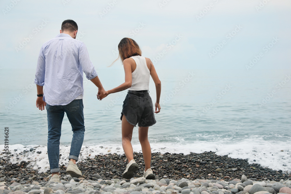 Young couple walking on beach near sea, back view. Space for text