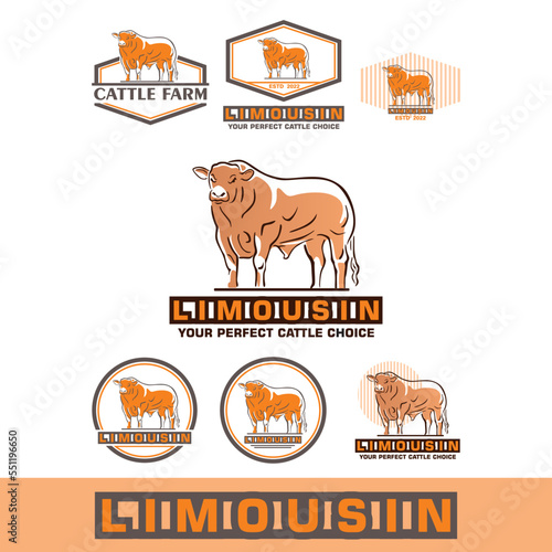 LIMOUSIN GREAT BULL LOGO, silhouette of bic cattle standing vector illustrations