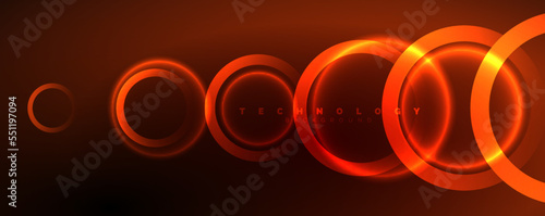 Neon glowing circles and round shape lines, magic energy space light concept, abstract background wallpaper design