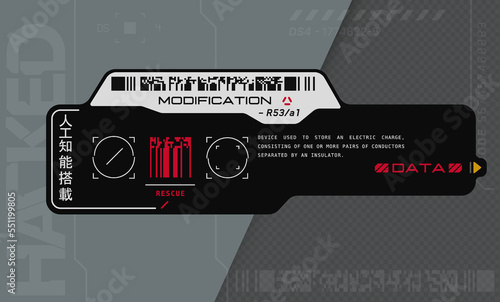 Cyberpunk decals set. Set of stickers and labels in futuristic style. Inscriptions and symbols, Japanese hieroglyphs for AI controlled. Interface in the style of neo-futurism games. HUD elements.