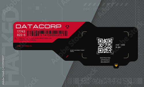 Cyberpunk decals set. Set of stickers and labels in futuristic style. Inscriptions and symbols in the style of neo-futurism games. Interface HUD elements.